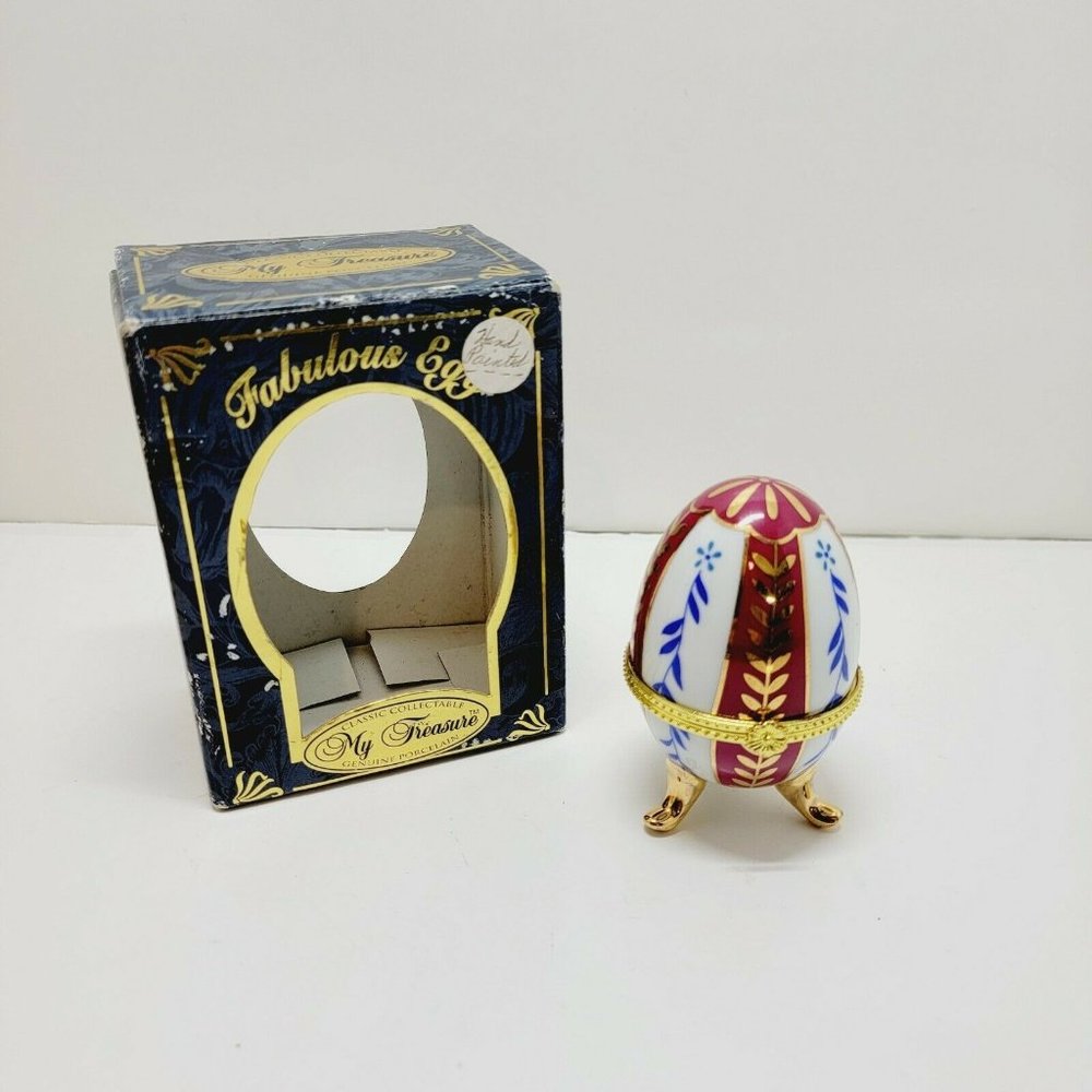 Classic Collectible My Treasure Genuine Porcelain Painted Egg Hinged Trinket Box